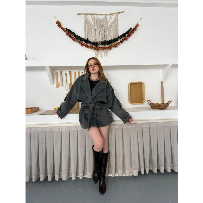 Omuz Manşet Detaylı A Kalite Kaşe Kaban Antrasit