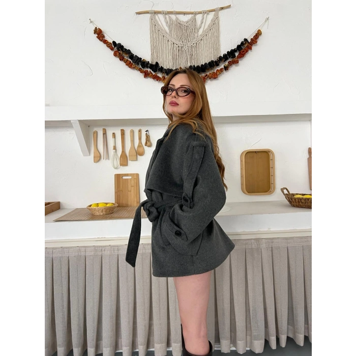 Omuz Manşet Detaylı A Kalite Kaşe Kaban Antrasit