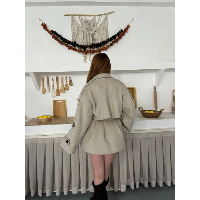 Omuz Manşet Detaylı A Kalite Kaşe Kaban Bej