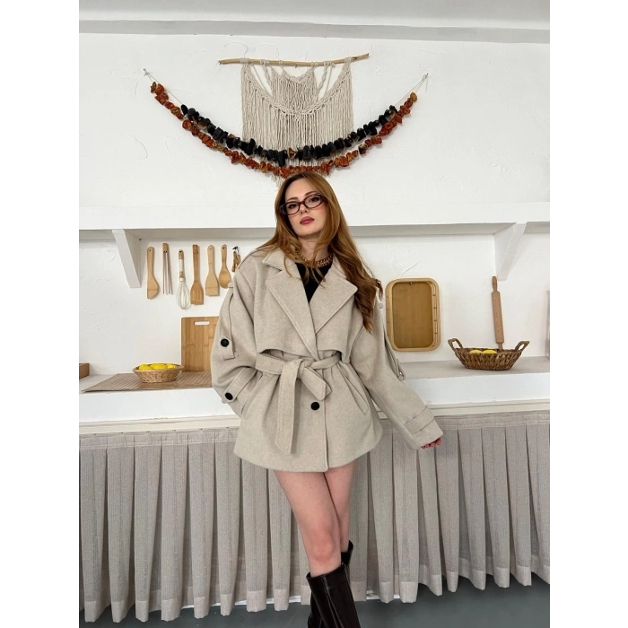 Omuz Manşet Detaylı A Kalite Kaşe Kaban Bej