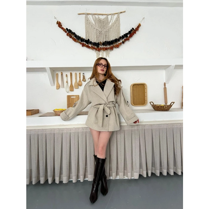 Omuz Manşet Detaylı A Kalite Kaşe Kaban Bej