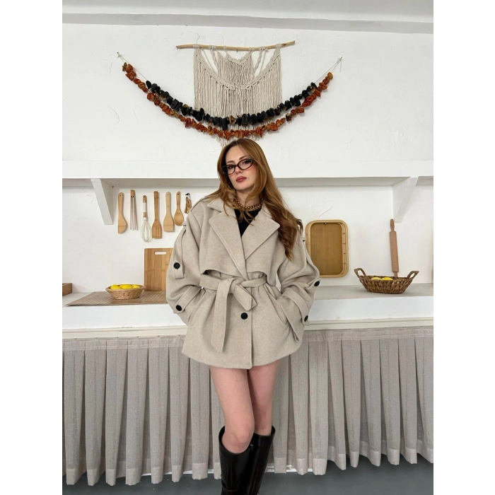 Omuz Manşet Detaylı A Kalite Kaşe Kaban Bej