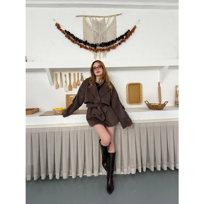 Omuz Manşet Detaylı A Kalite Kaşe Kaban Kahve