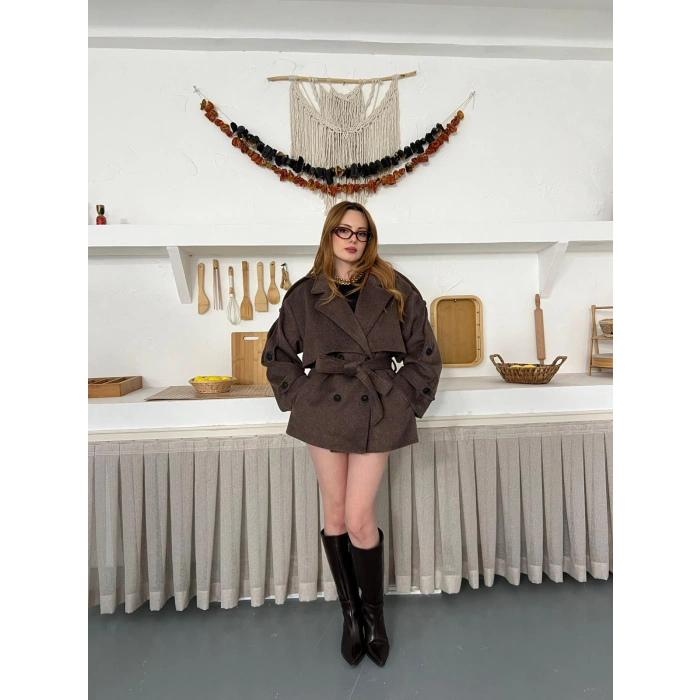 Omuz Manşet Detaylı A Kalite Kaşe Kaban Kahve