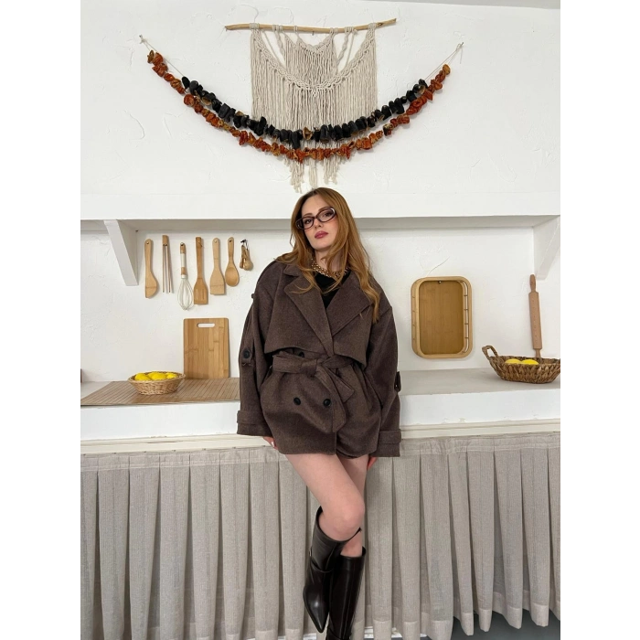 Omuz Manşet Detaylı A Kalite Kaşe Kaban Kahve