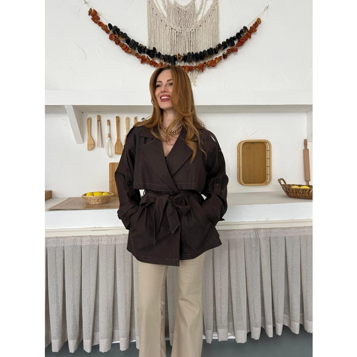 Omuz Manşetli Kuşaklı Denim Ceket Acı Kahve