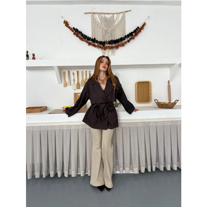 Omuz Manşetli Kuşaklı Denim Ceket Acı Kahve