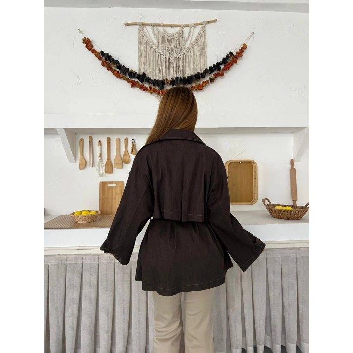 Omuz Manşetli Kuşaklı Denim Ceket Acı Kahve