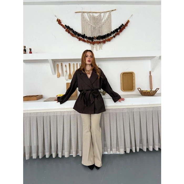 Omuz Manşetli Kuşaklı Denim Ceket Acı Kahve