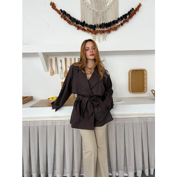 Omuz Manşetli Kuşaklı Denim Ceket Acı Kahve