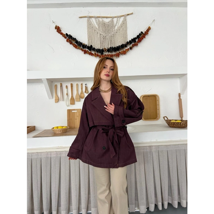 Omuz Manşetli Kuşaklı Denim Ceket Bordo
