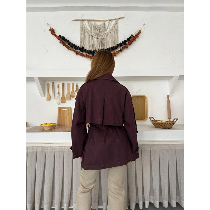 Omuz Manşetli Kuşaklı Denim Ceket Bordo