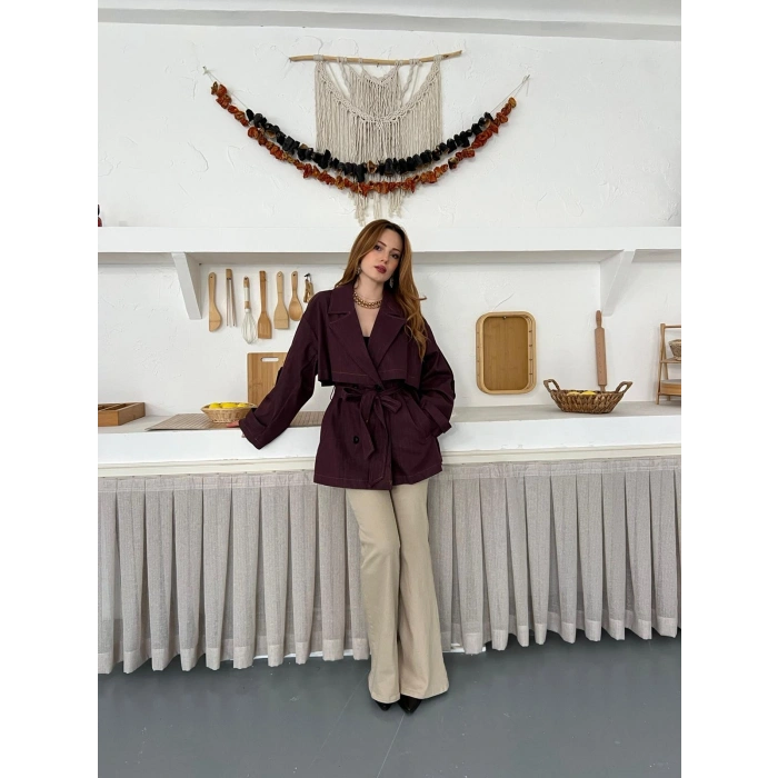 Omuz Manşetli Kuşaklı Denim Ceket Bordo