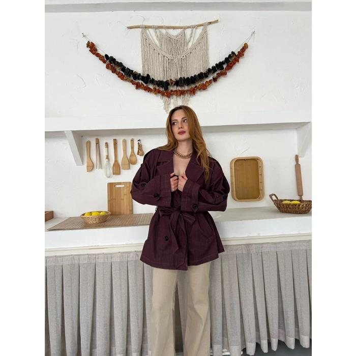 Omuz Manşetli Kuşaklı Denim Ceket Bordo