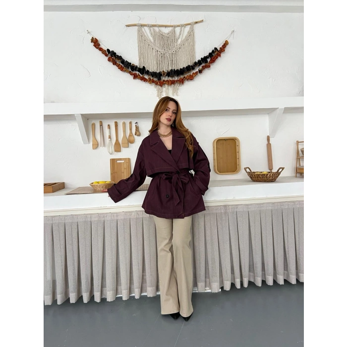 Omuz Manşetli Kuşaklı Denim Ceket Bordo