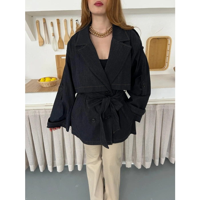 Omuz Manşetli Kuşaklı Denim Ceket Siyah