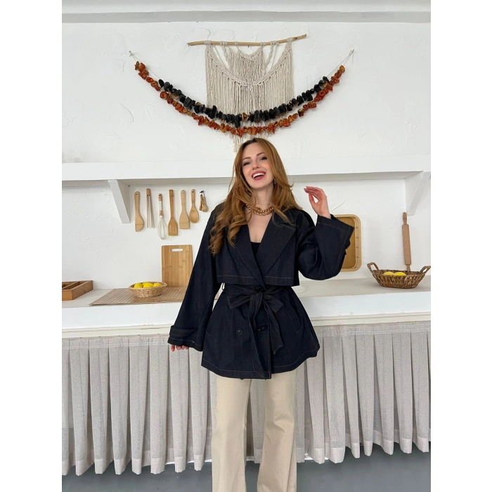 Omuz Manşetli Kuşaklı Denim Ceket Siyah