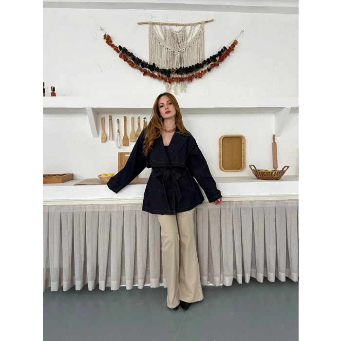 Omuz Manşetli Kuşaklı Denim Ceket Siyah