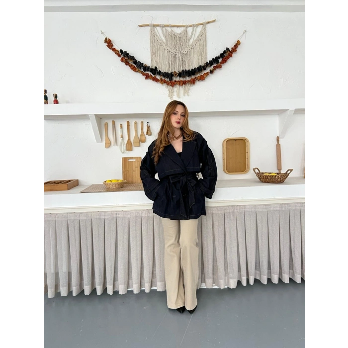 Omuz Manşetli Kuşaklı Denim Ceket Siyah