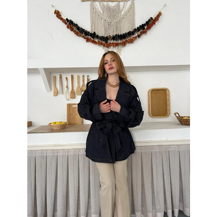 Omuz Manşetli Kuşaklı Denim Ceket Siyah