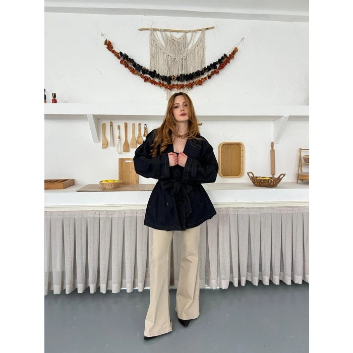 Omuz Manşetli Kuşaklı Denim Ceket Siyah