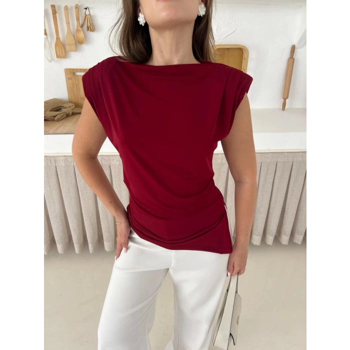 Omuz Vatkalı Asimetrik Bluz Bordo