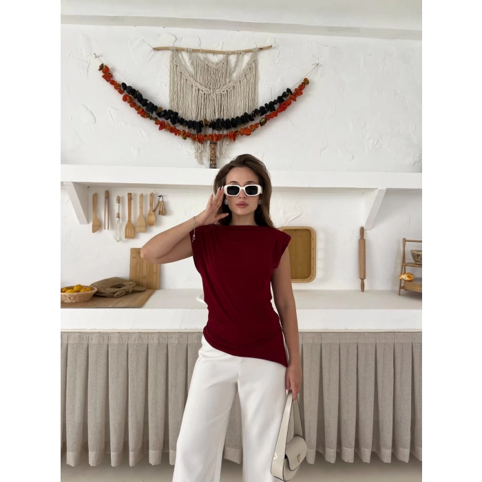 Omuz Vatkalı Asimetrik Bluz Bordo