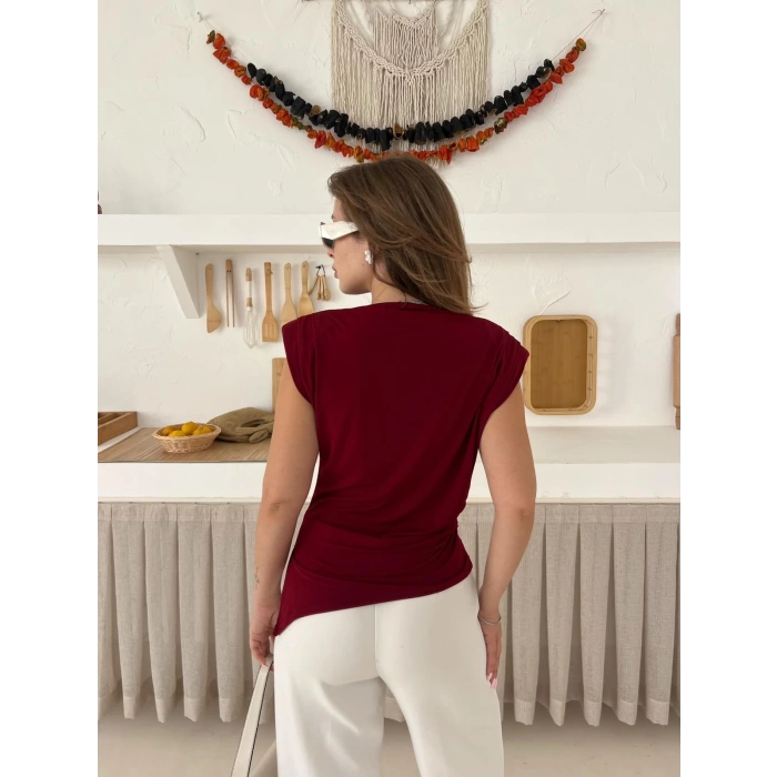 Omuz Vatkalı Asimetrik Bluz Bordo