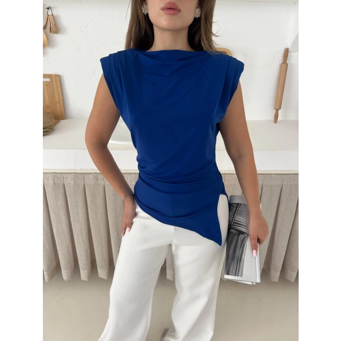 Omuz Vatkalı Asimetrik Bluz Lacivert