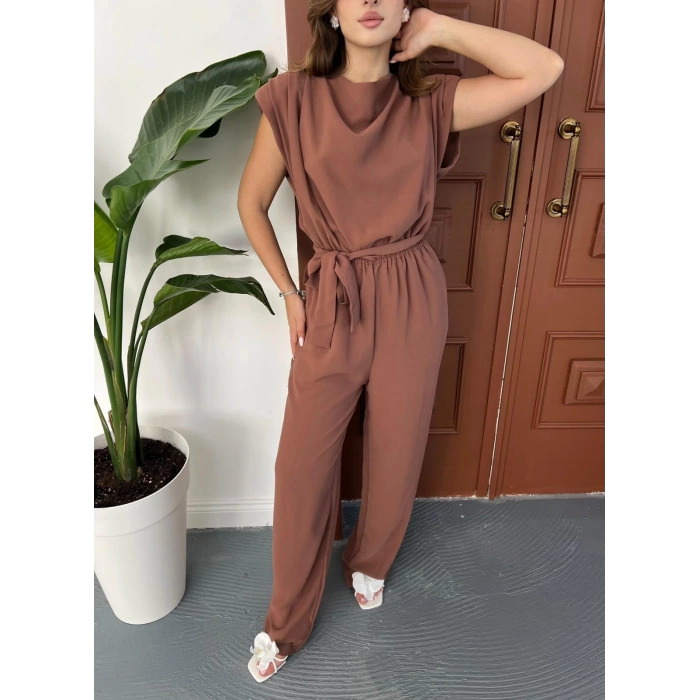 Omuz Vatkalı Bel Kuşaklı Premium Tulum Kahverengi