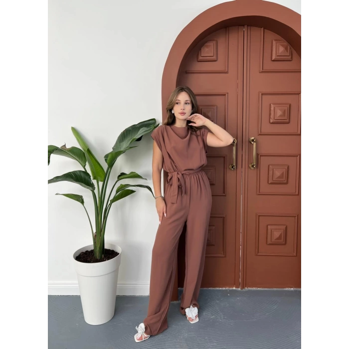 Omuz Vatkalı Bel Kuşaklı Premium Tulum Kahverengi