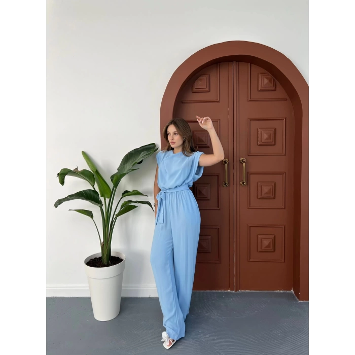 Omuz Vatkalı Bel Kuşaklı Premium Tulum Mavi