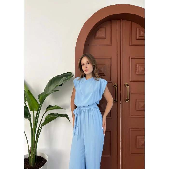 Omuz Vatkalı Bel Kuşaklı Premium Tulum Mavi