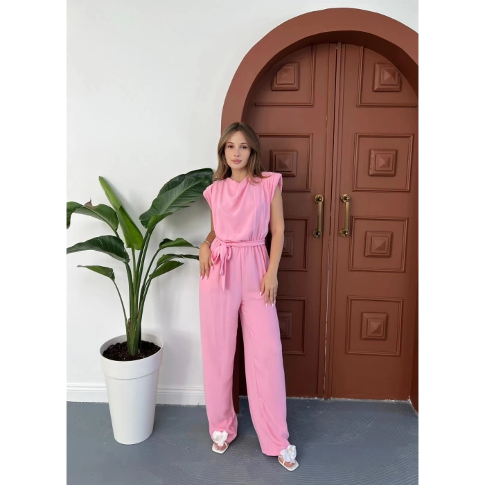 Omuz Vatkalı Bel Kuşaklı Premium Tulum Pembe