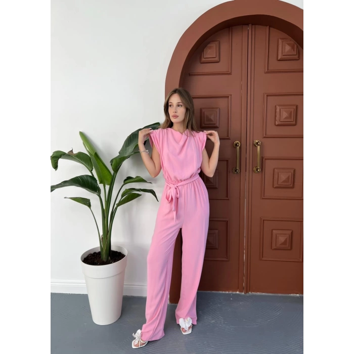 Omuz Vatkalı Bel Kuşaklı Premium Tulum Pembe