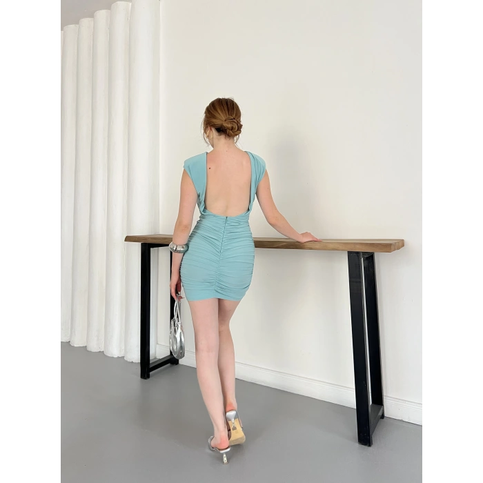 Omuz Vatkalı Drape Detaylı Mini Elbise Suyeşili
