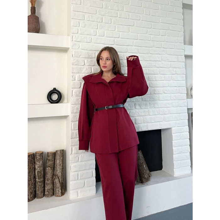 Omuz Vatkalı Kemerli İki Takım Bordo