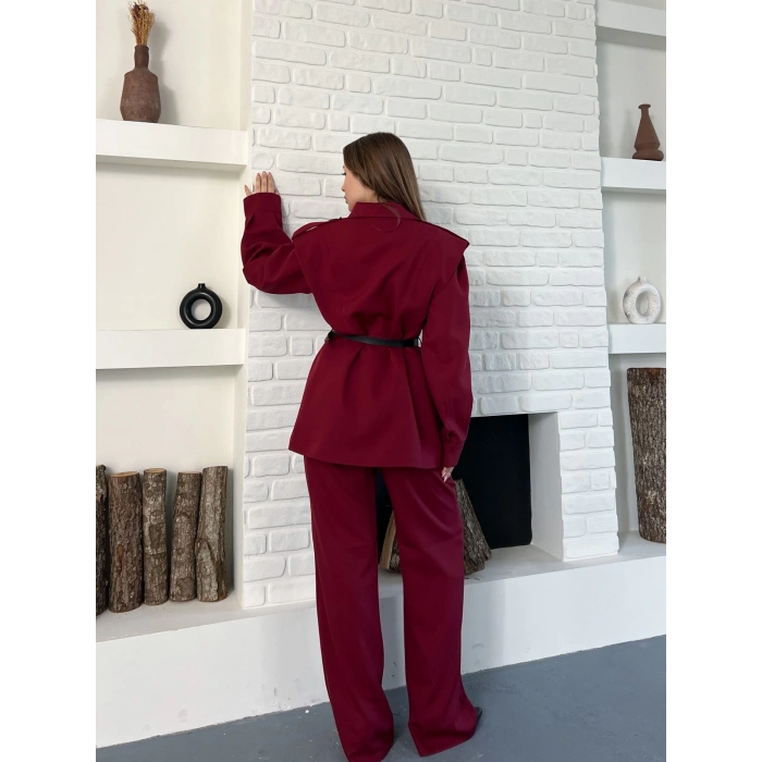 Omuz Vatkalı Kemerli İki Takım Bordo