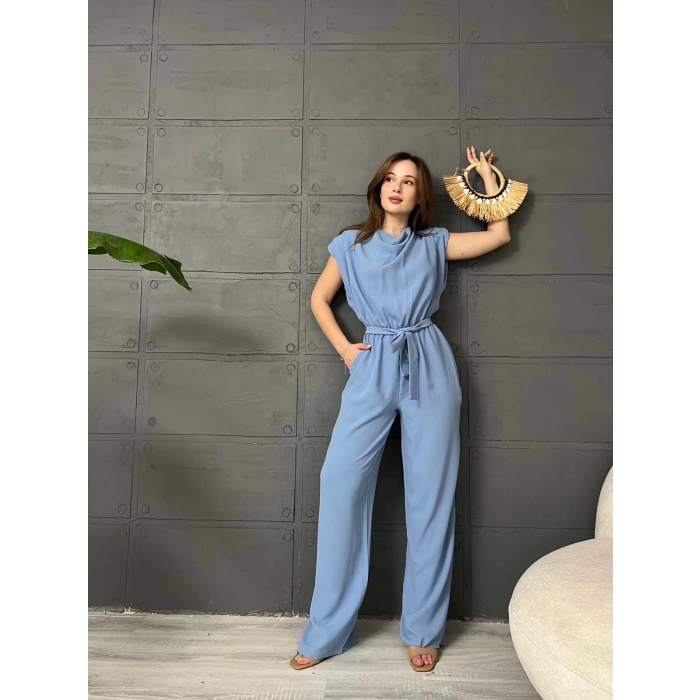 Omuz Vatkalı Kuşaklı Tulum Bebe Mavisi