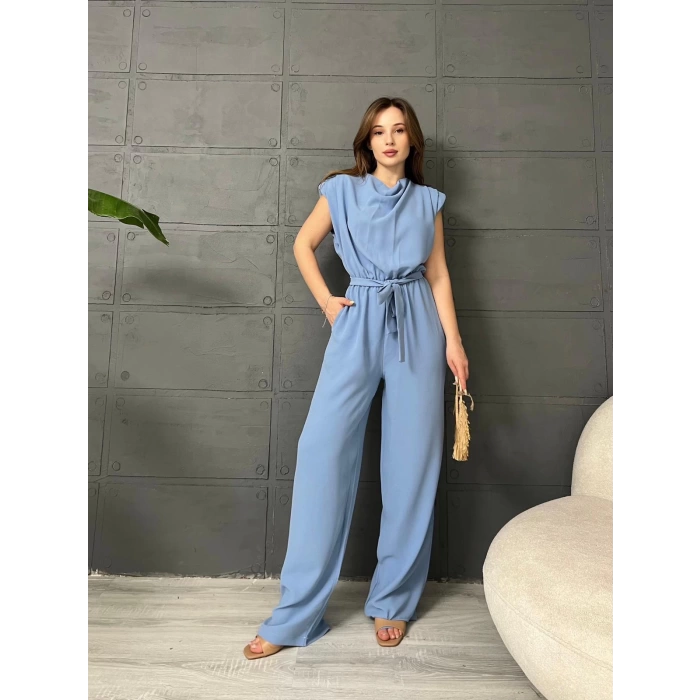 Omuz Vatkalı Kuşaklı Tulum Bebe Mavisi