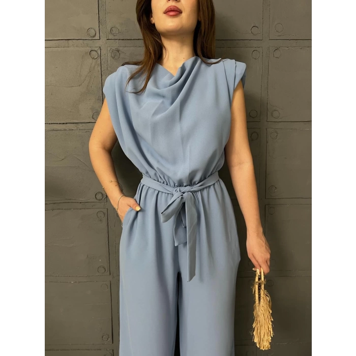 Omuz Vatkalı Kuşaklı Tulum Bebe Mavisi