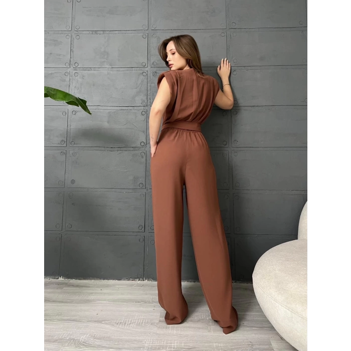 Omuz Vatkalı Kuşaklı Tulum Kahverengi