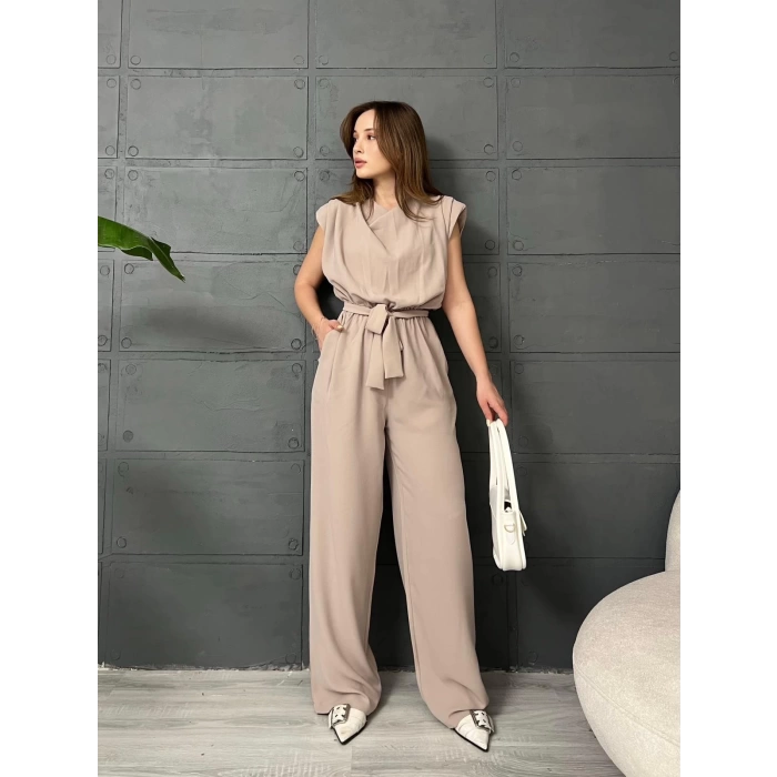 Omuz Vatkalı Kuşaklı Tulum Krem