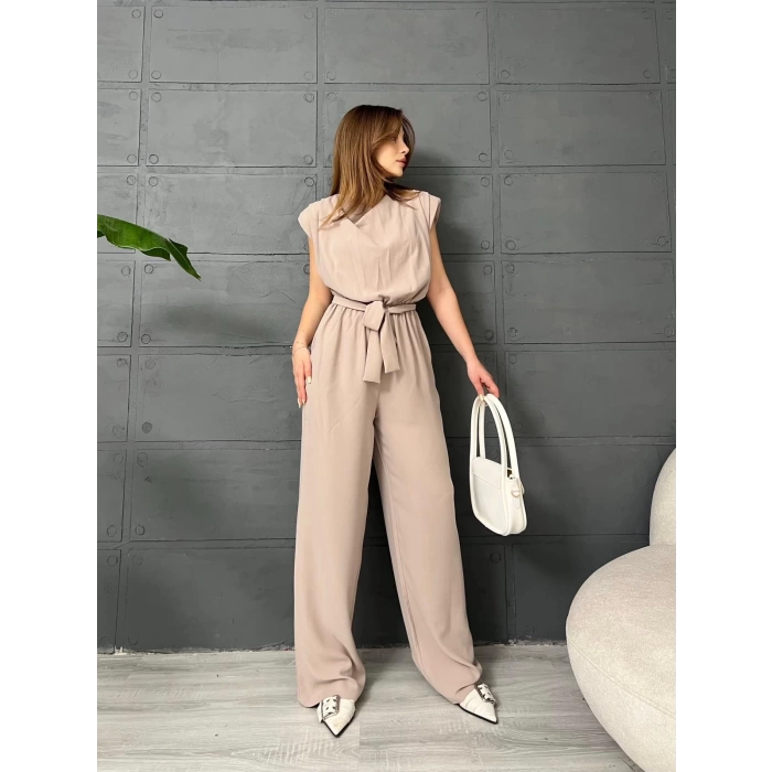 Omuz Vatkalı Kuşaklı Tulum Krem