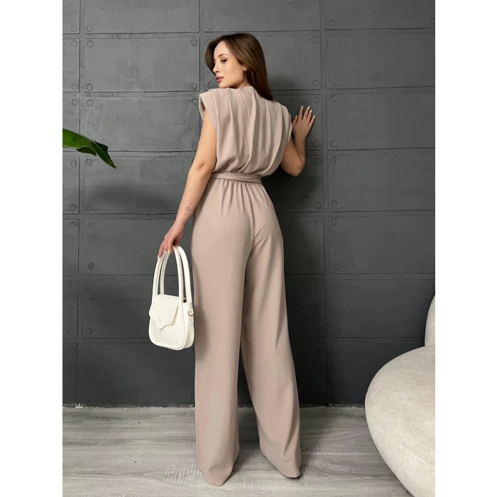 Omuz Vatkalı Kuşaklı Tulum Krem