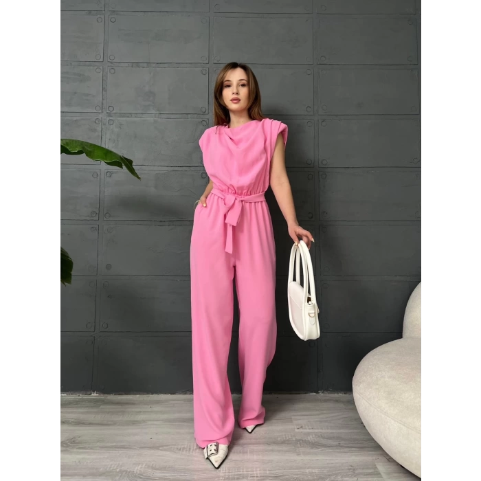 Omuz Vatkalı Kuşaklı Tulum Pembe