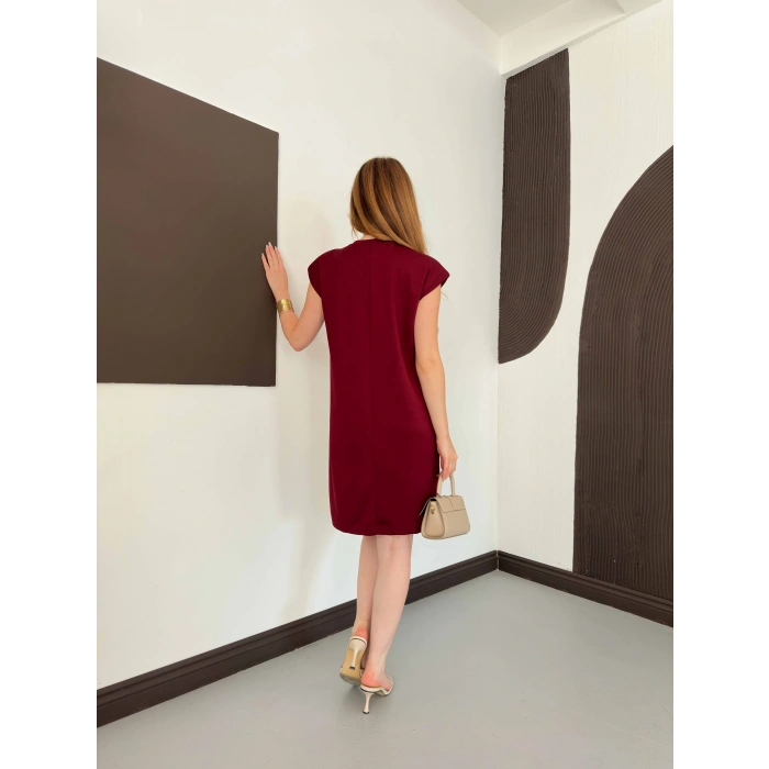 Omuz Vatkalı Sandy Basic Elbise Bordo