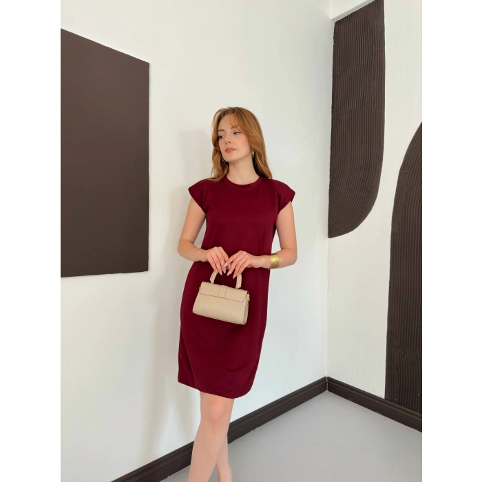 Omuz Vatkalı Sandy Basic Elbise Bordo
