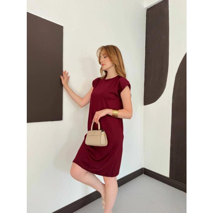 Omuz Vatkalı Sandy Basic Elbise Bordo