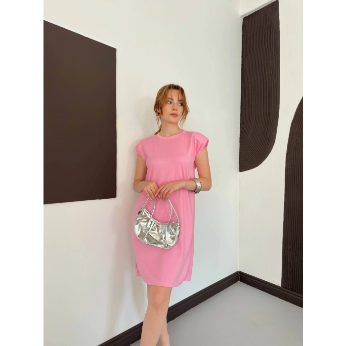 Omuz Vatkalı Sandy Basic Elbise Pembe